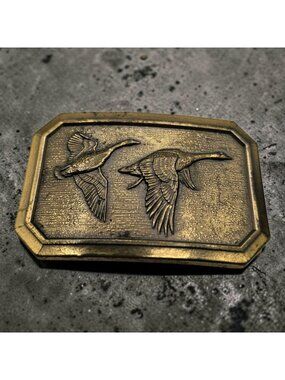 Vintage 1976 Solid Brass Belt Buckle Geese Design By Bergamot Brass Works USA